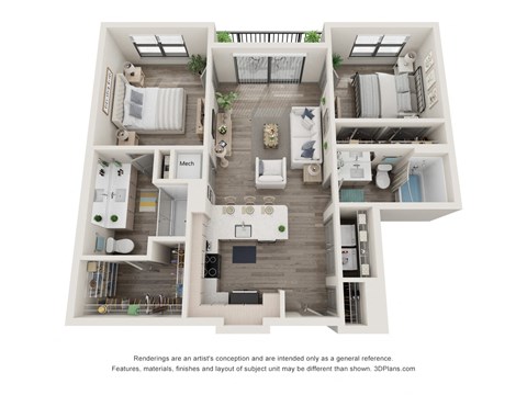 Floor plan for 2 beds, 2 baths, 991 sqft